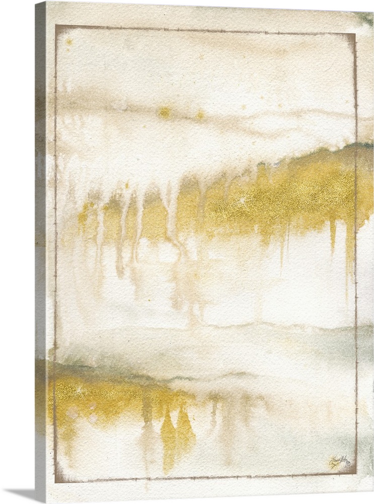 Contemporary abstract painting of horizontal sections of gold with gray drippings and a layer of gold glitter on top.