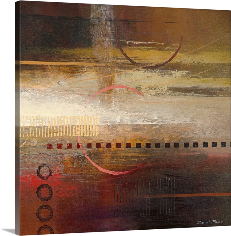 Contemporary abstract painting of earth toned horizontal bands overlain with stenciled geometric shapes.