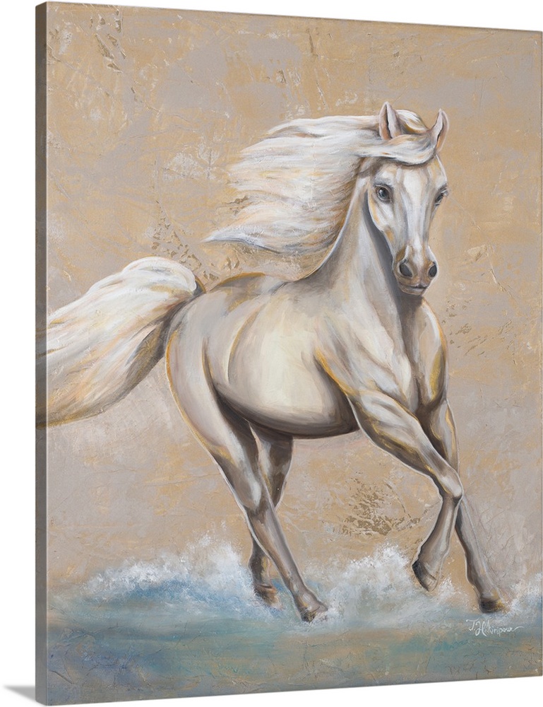 Contemporary painting of a white horse trotting through water on a textured neutral background.