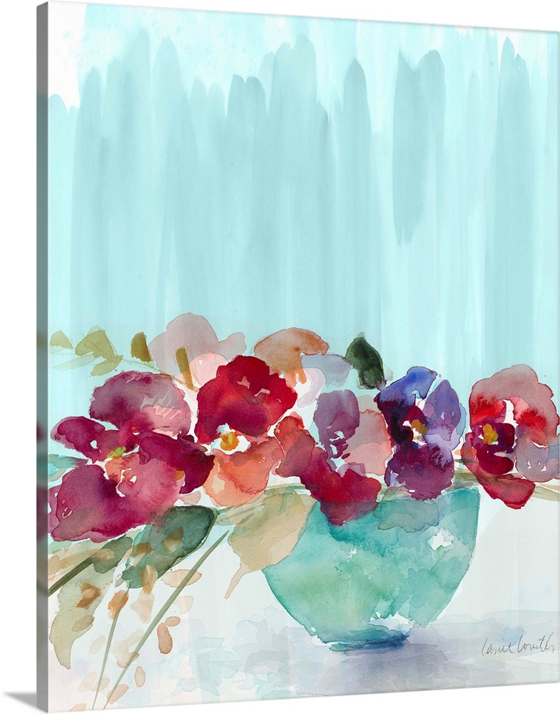 Watercolor painting of arranged flowers in a blue-green bowl
