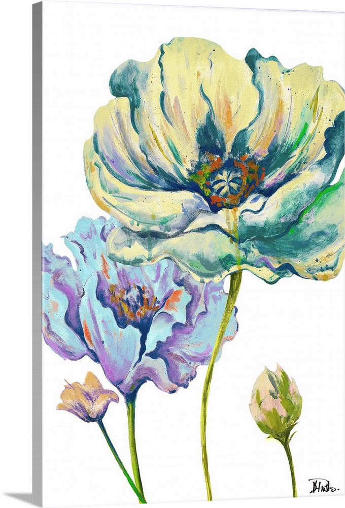 Brightly colored painting of two large blooming poppies and two small buds.