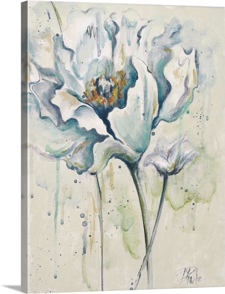 Contemporary painting of white poppy flowers against a watercolor splattered background.
