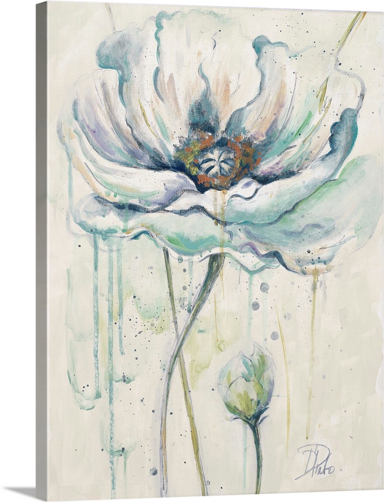 Contemporary painting of white poppy flowers against a watercolor splattered background.