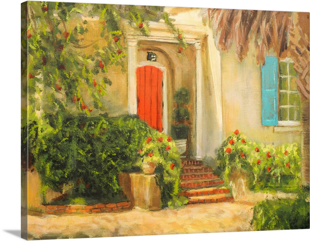 A contemporary painting of a lush Tuscan front garden scene.