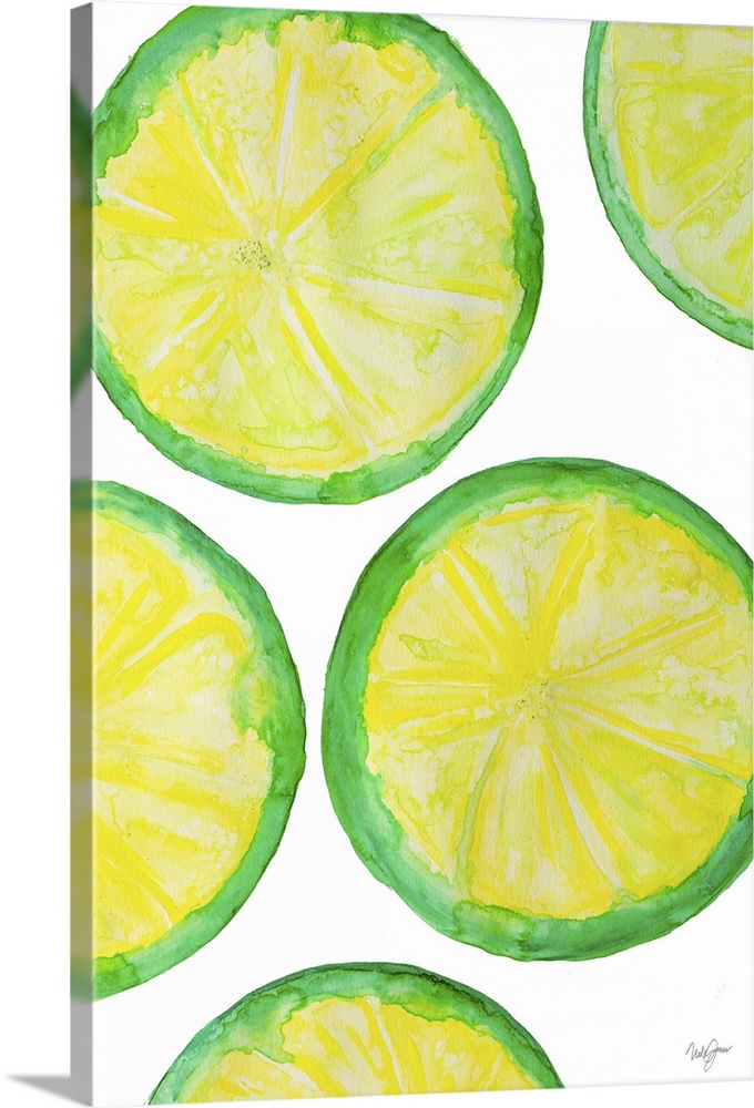 Watercolor painting of several lime slices.