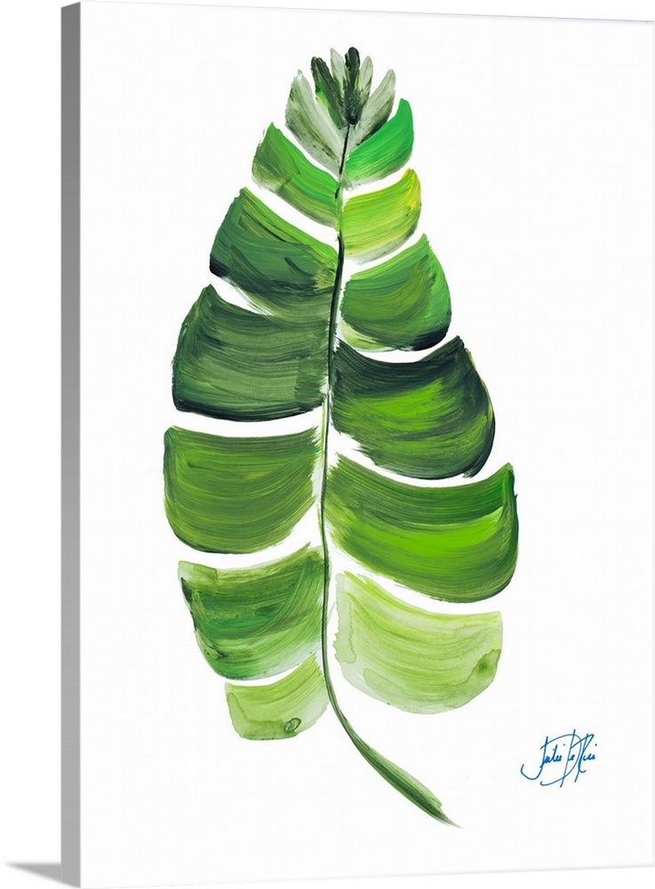 A painting of a palm leaf in different shades of green.
