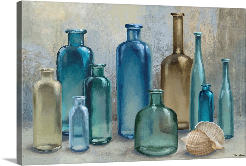 Contemporary painting of a collection of glass bottles of varying shapes and blue tones.