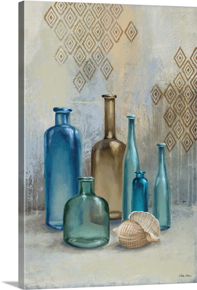 A contemporary still life painting of six glass bottles and a seashell.