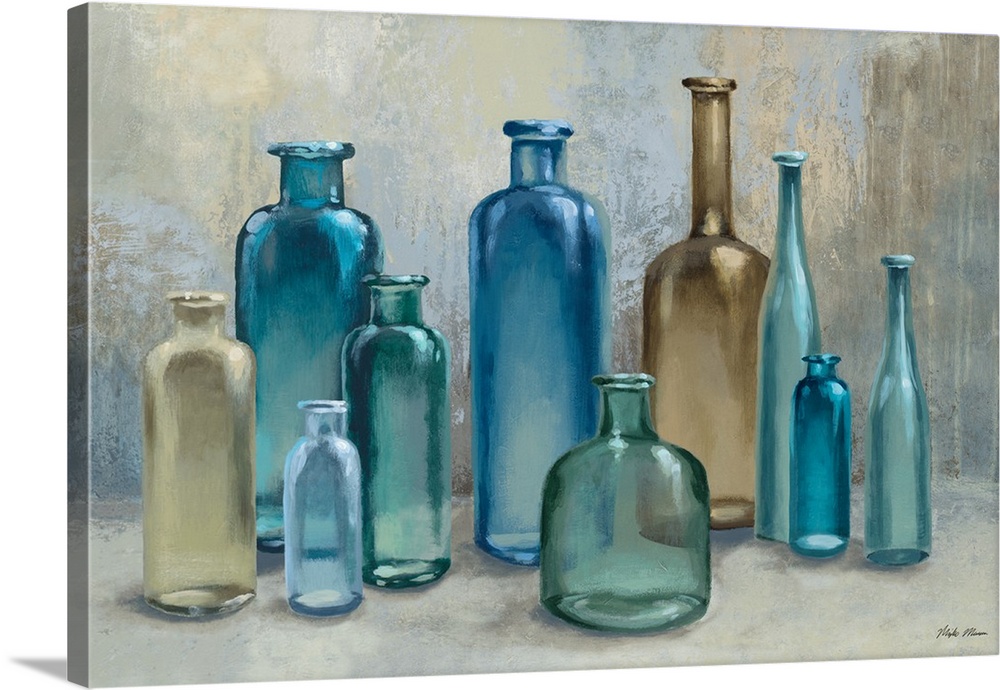 A contemporary still life painting of ten blue and beige glass bottles.