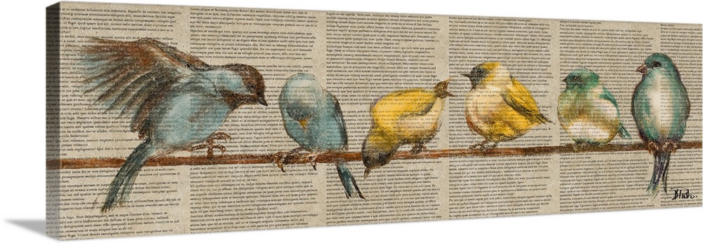 Contemporary artwork of colorful birds perched on a wire against a newsprint background.