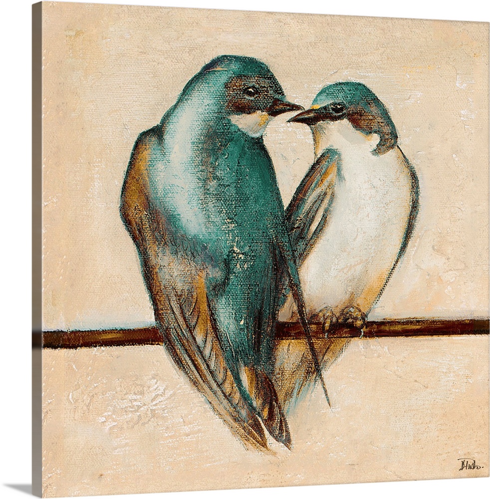Contemporary painting of a pair of swallows perched together on a line.