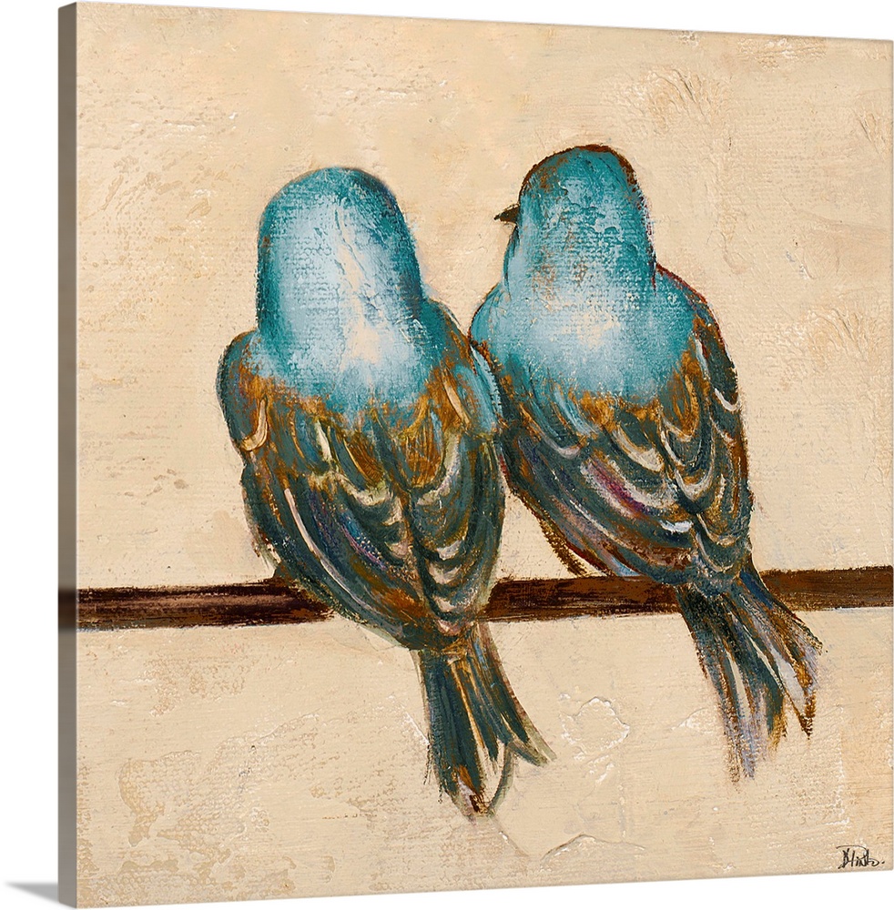 Contemporary painting of a pair of birds perched together on a line.