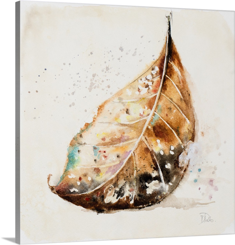 Square painting of a fallen autumn leaf, in brown shades on a neutral background.