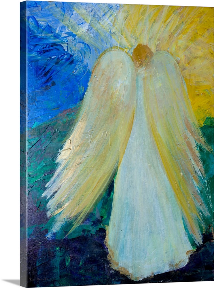A contemporary painting of an Angel facing the other way wearing a white gown and golden wings.
