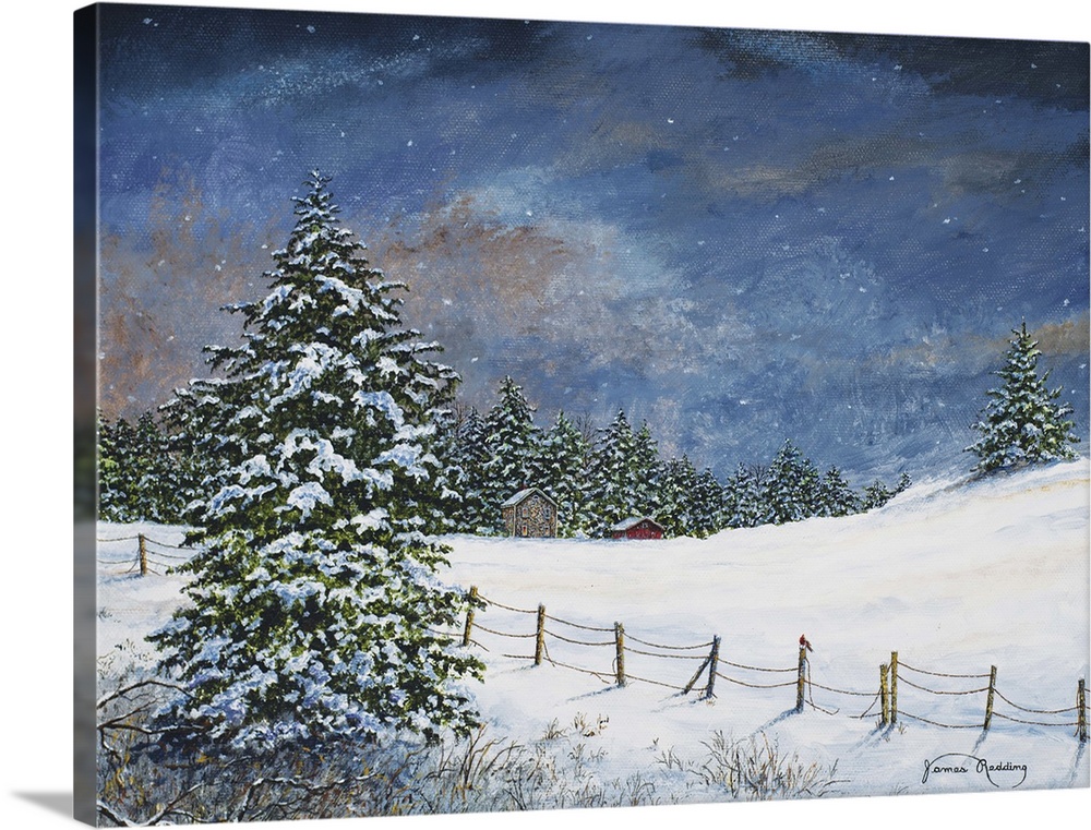 A contemporary painting of a snowy landscape with a house and a red barn in the distance.