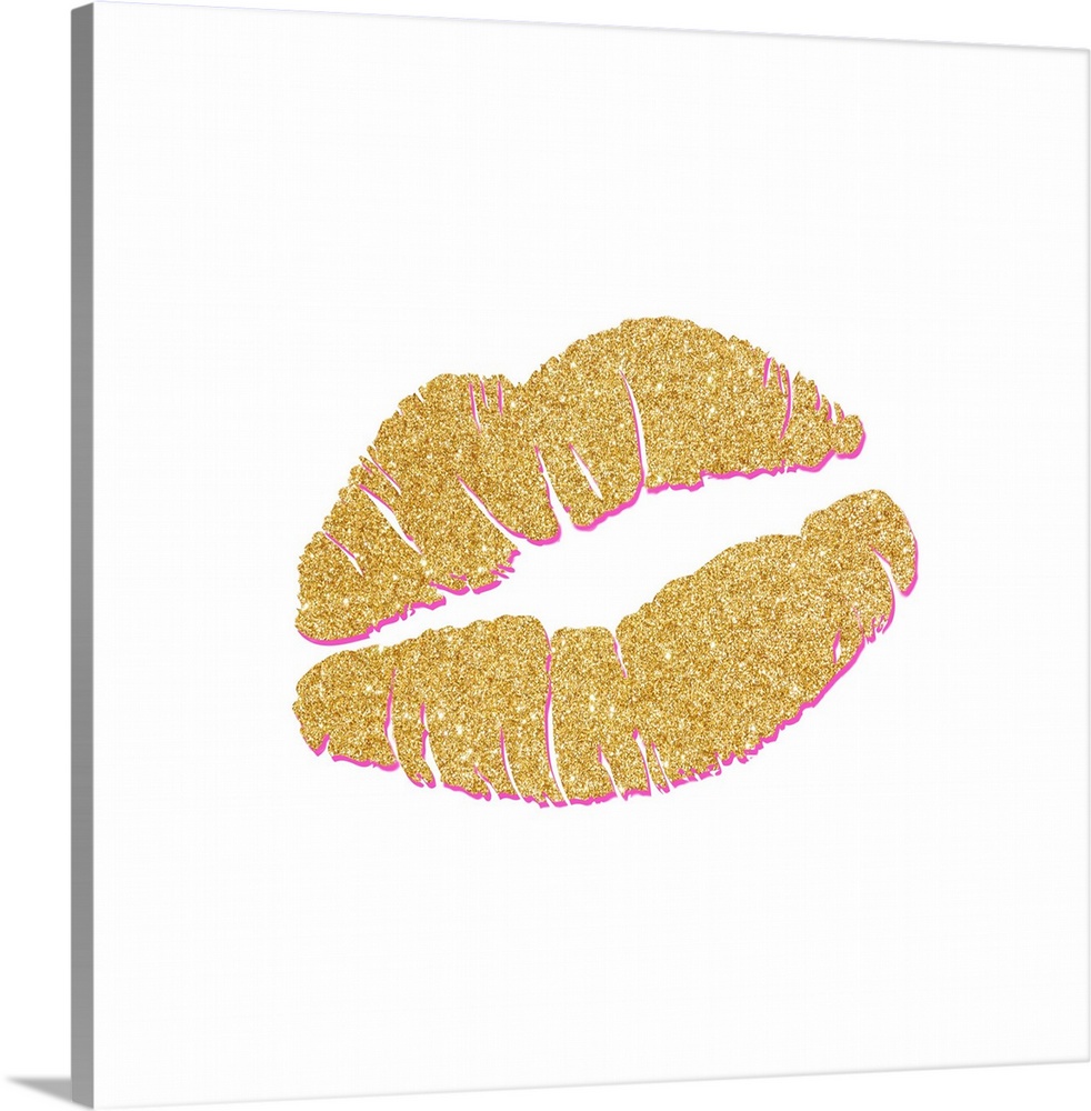 A sparkly gold kiss with a pink outline.