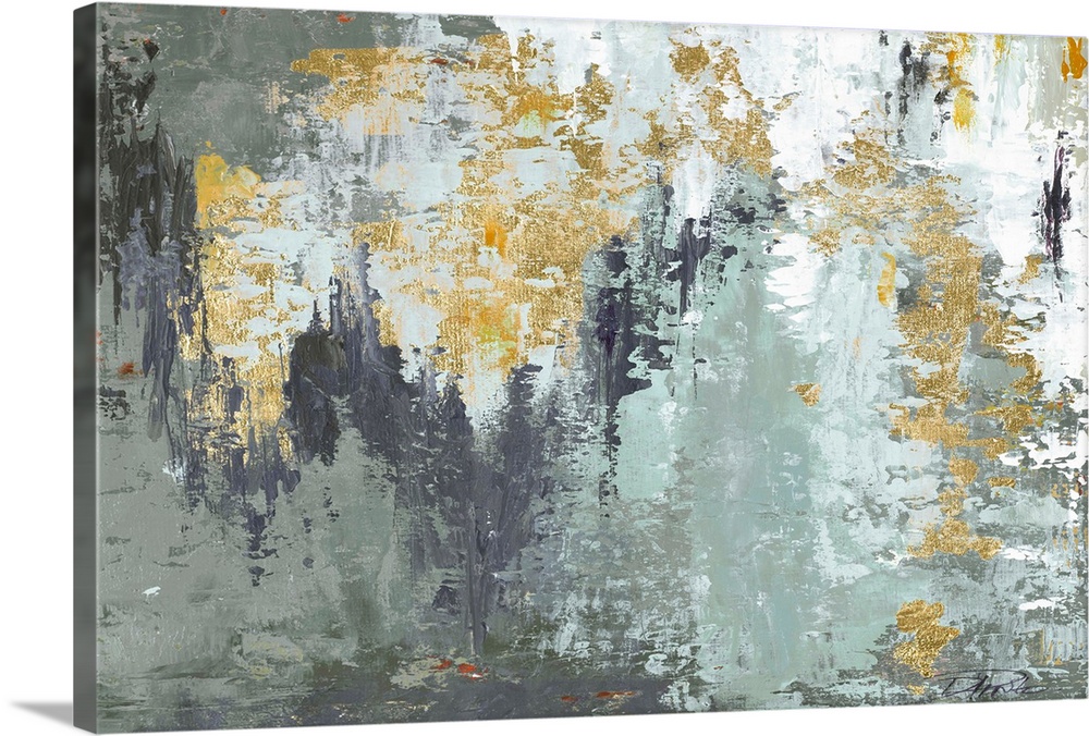 Abstract painting with slate blue, shades of gray, white, and metallic gold hues.