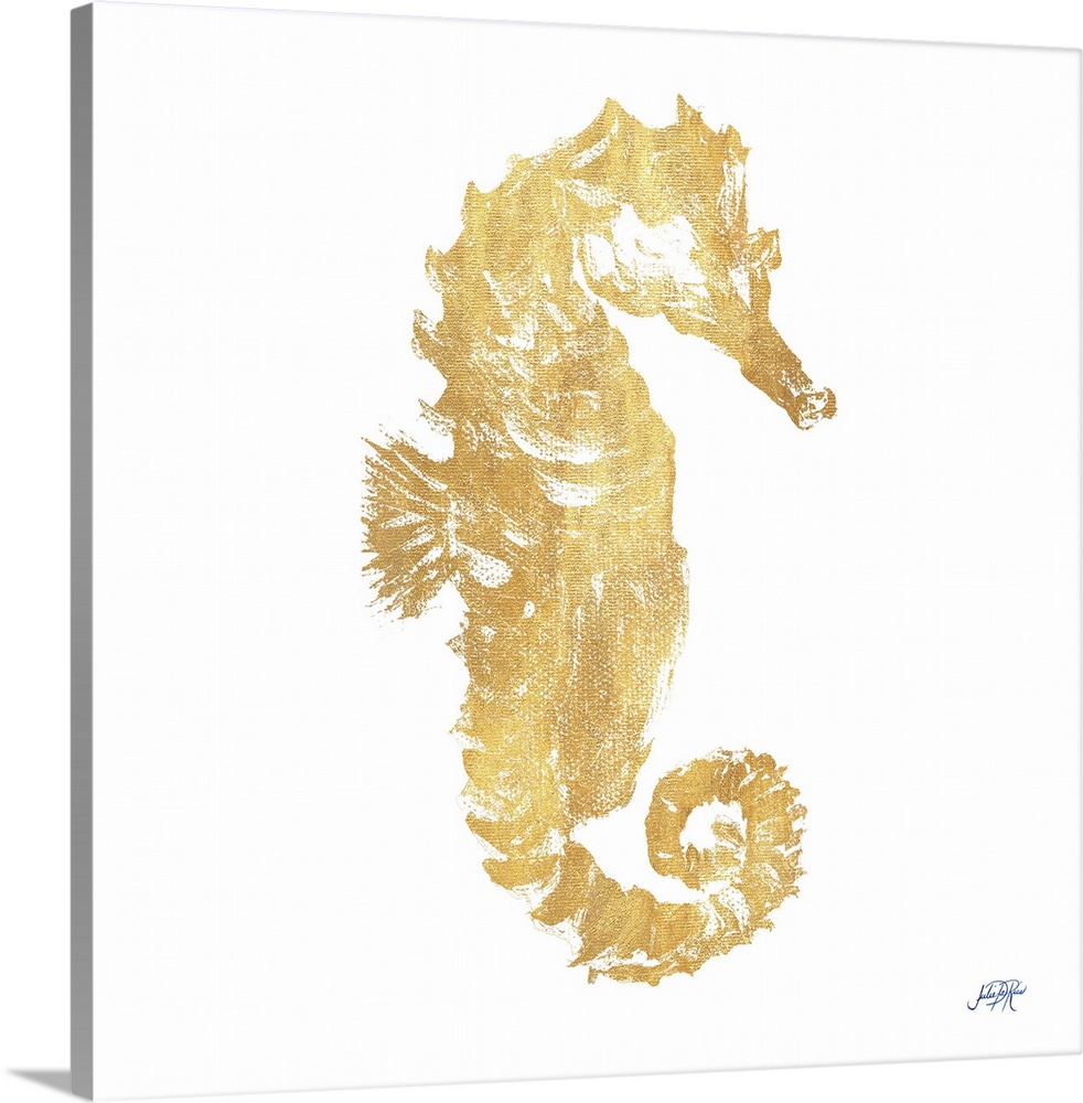 Painting of a golden seahorse on white.