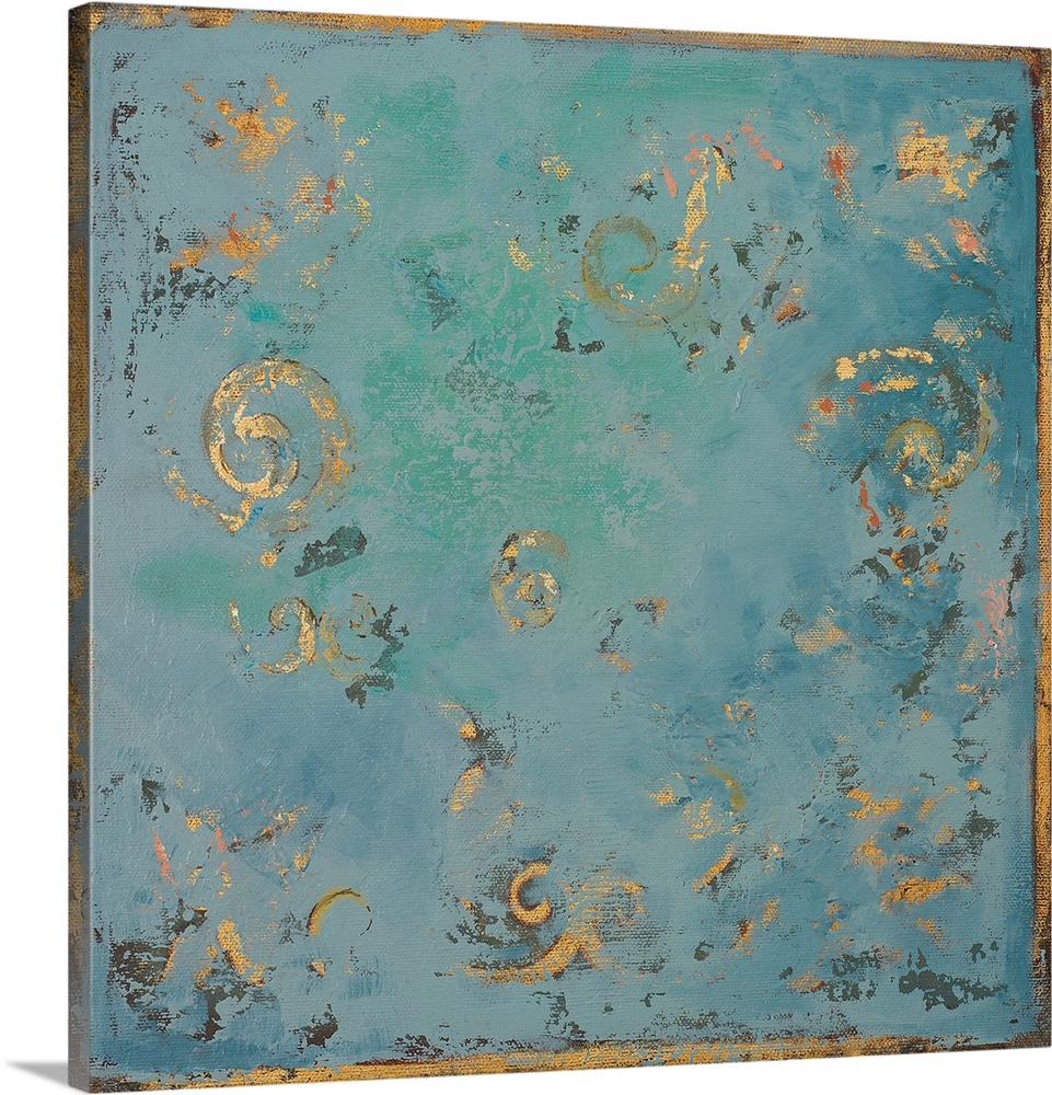 A contemporary abstract painting of gold swirls on a blue background with hints of green.