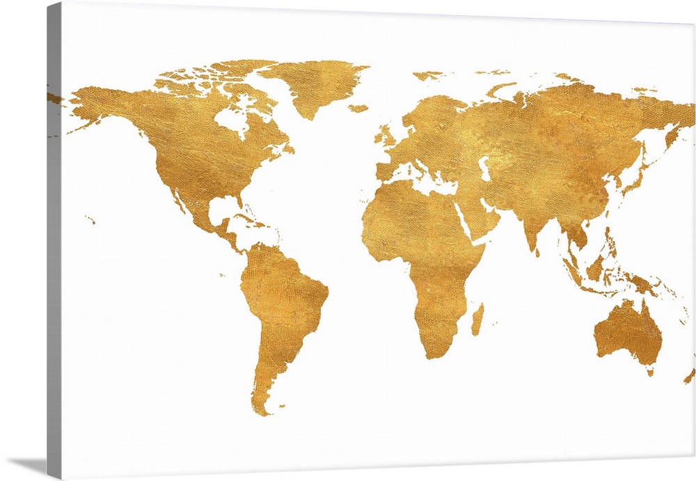 A shiny gold map of the World on a solid white background.