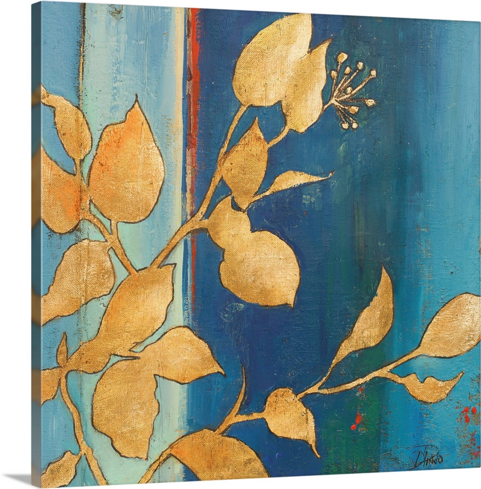 Contemporary painting with an abstract blue background with gold silhouetted leaves in the foreground.