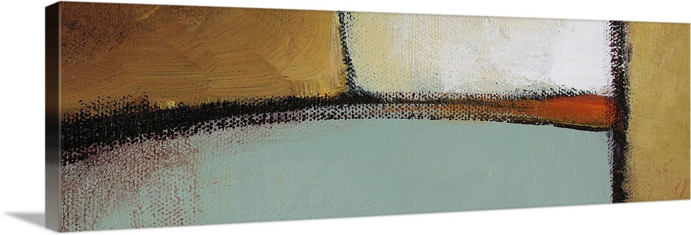 Horizontal abstract painting in earth tones featuring deliberate brushstrokes and strong black lines.