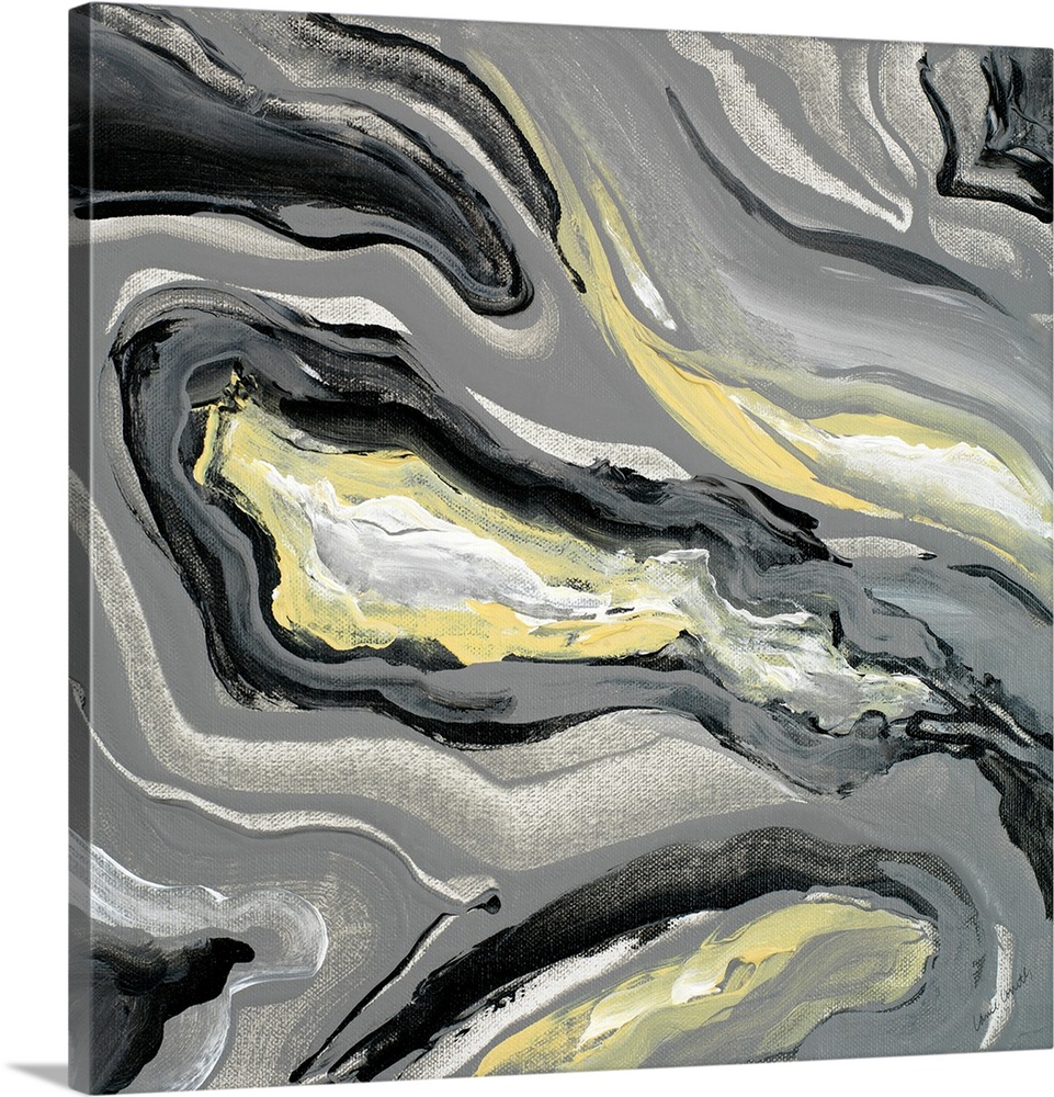 Square abstract painting of a gray, yellow, and white geode.
