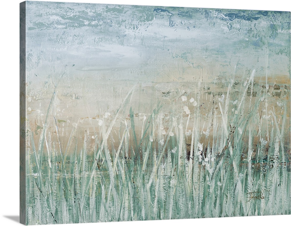 A contemporary landscape painting with muted blue and green hues and tall grass in the foreground.