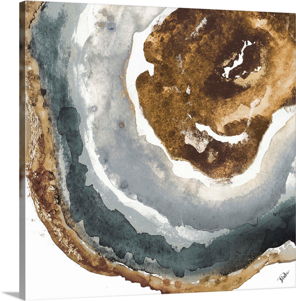 This contemporary artwork offers the intricacies of sliced agate completed in watercolors with gold accents.