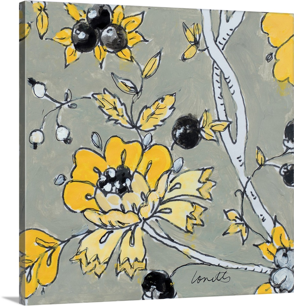 A black, gray, and yellow contemporary floral square painting.