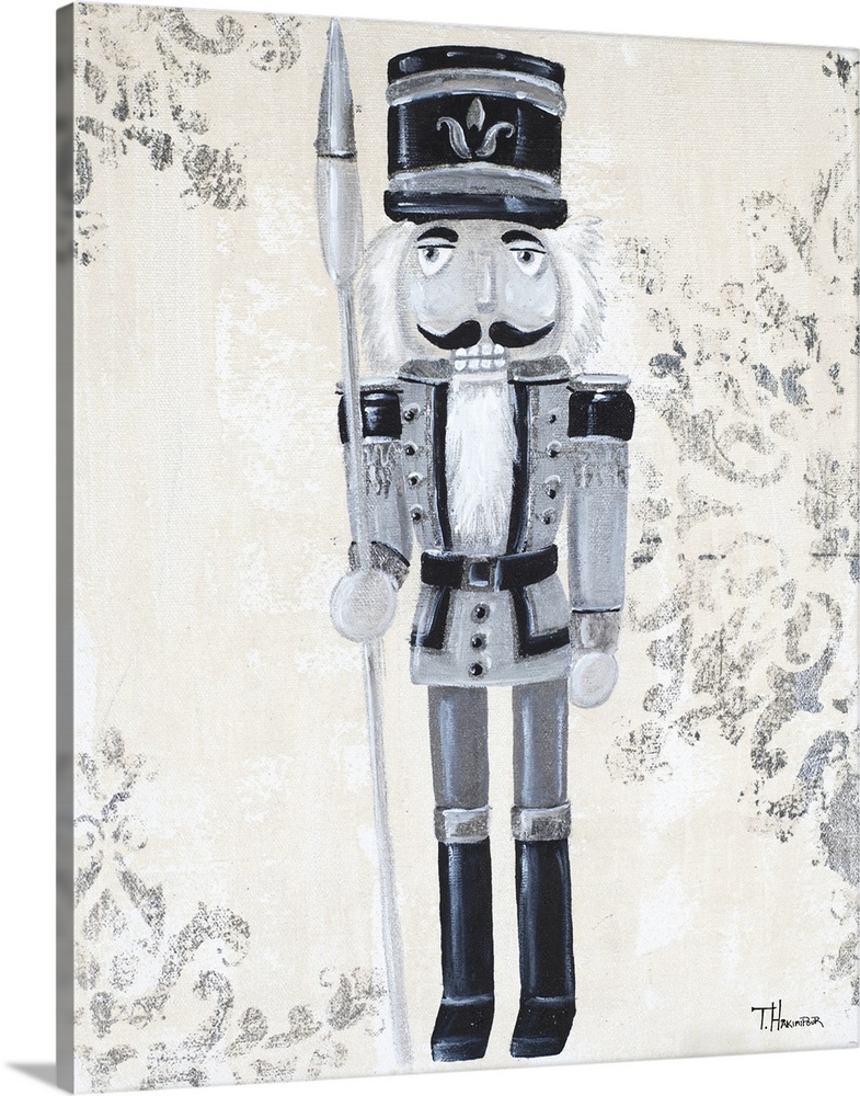 Black, silver, and gray painting of a nutcracker with a textured neutral colored background with painted snowflakes.