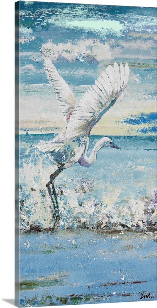 Contemporary painting of a white egret taking flight from the water.