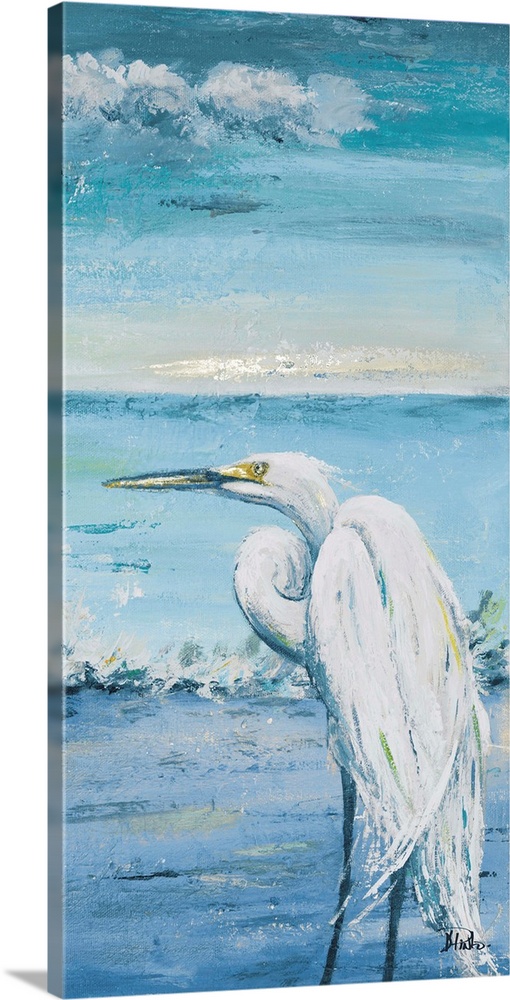 Contemporary painting of a white egret overlooking the blue water.