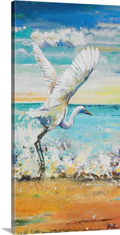 Contemporary painting of a white egret taking to flight on a beach.