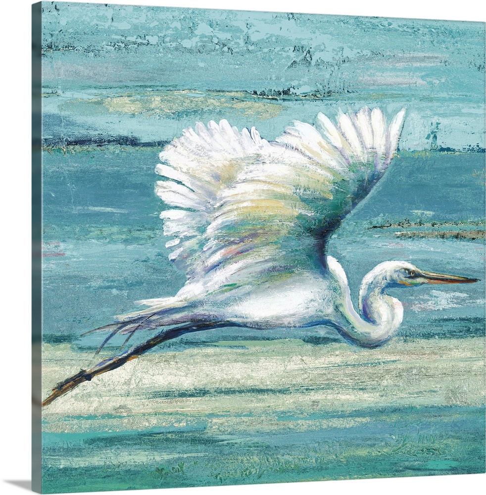 Contemporary painting of a white egret in flight against a blue abstract background.