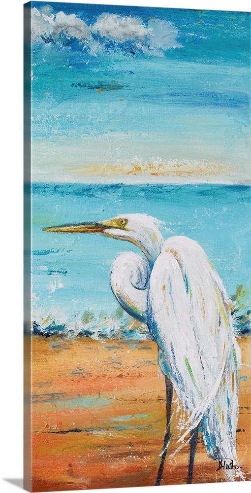 Contemporary painting of a white egret standing on a sand beach with the ocean in the background.