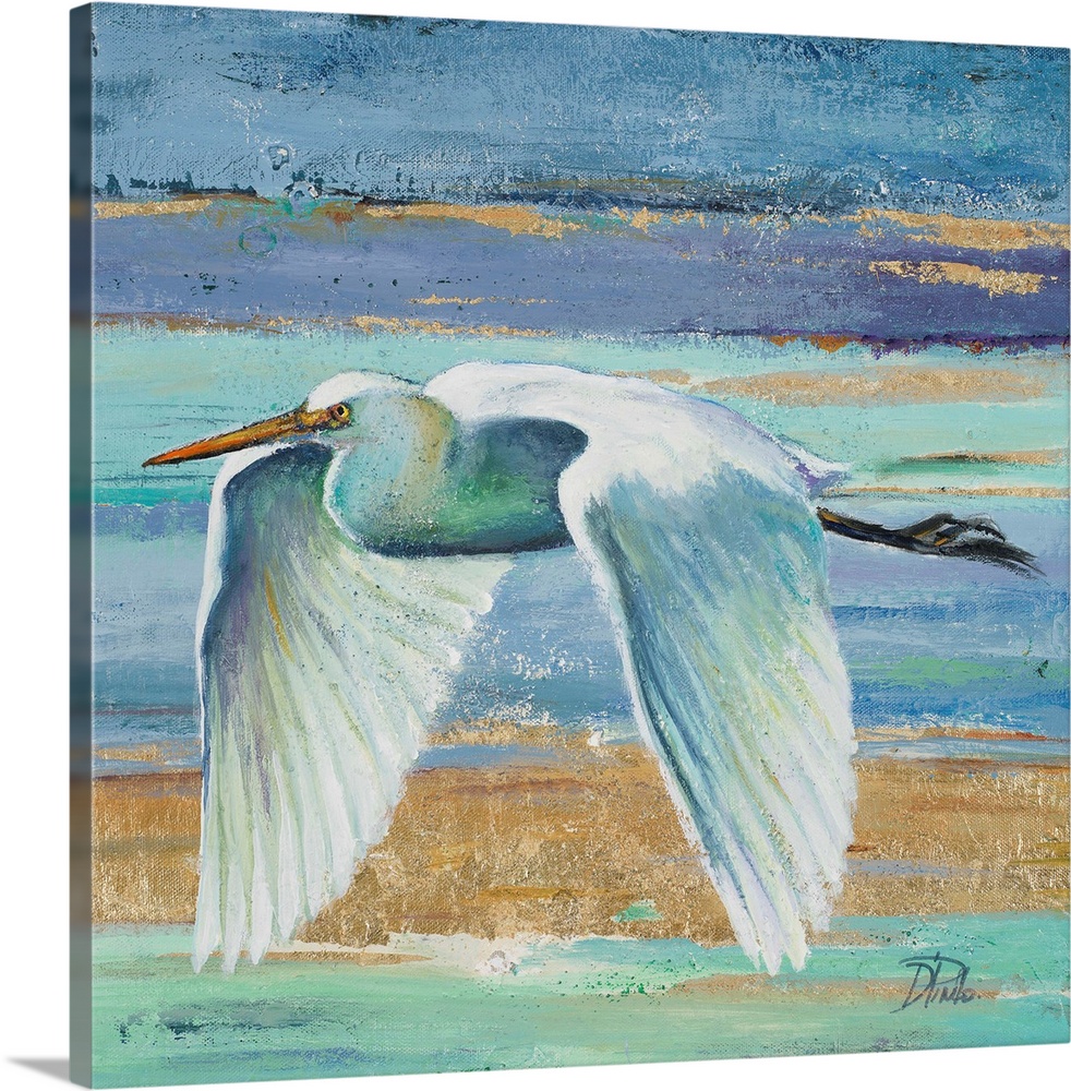 Contemporary painting of a white egret in flight against a blue and green abstract background.