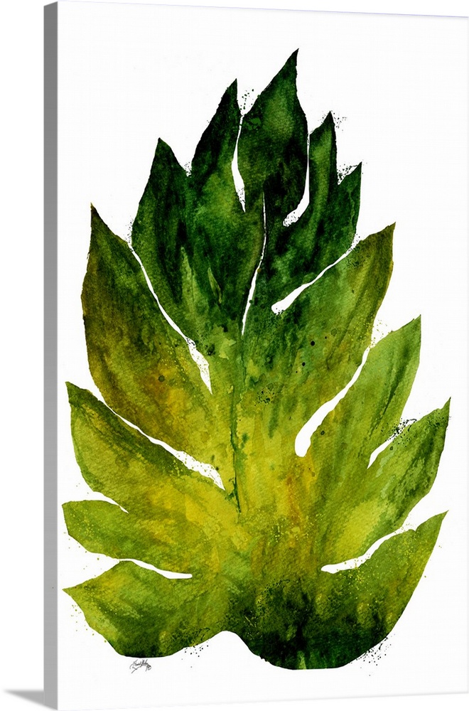 Watercolor painting of a big leaf in shades of green on a solid white background.