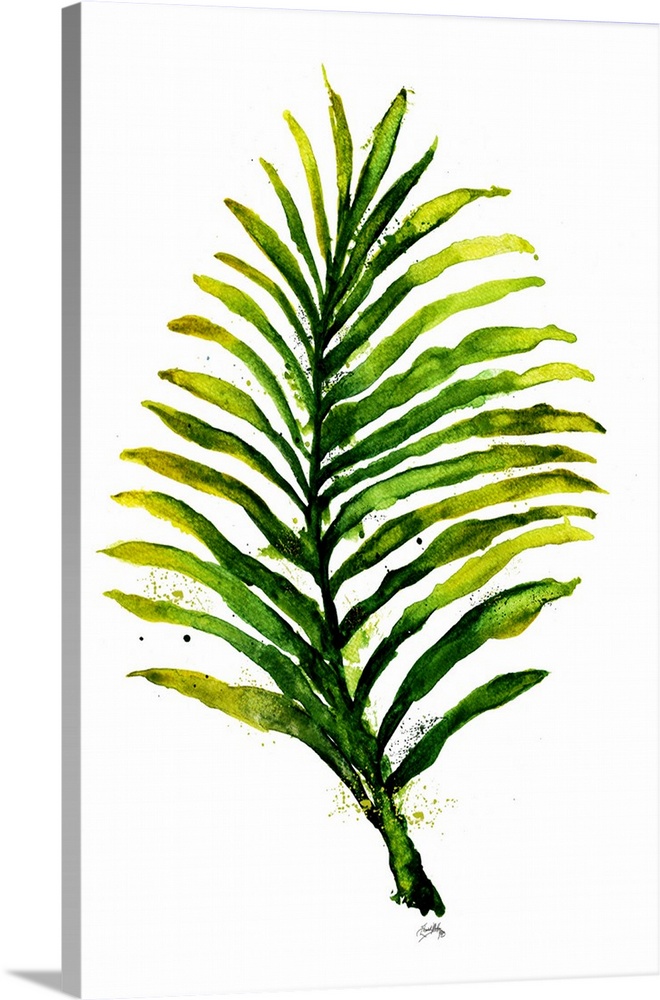 Contemporary painting of a palm leaf in shades of green on a solid white background.