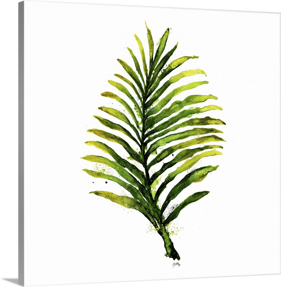 Contemporary painting of a palm leaf in shades of green on a solid white background.