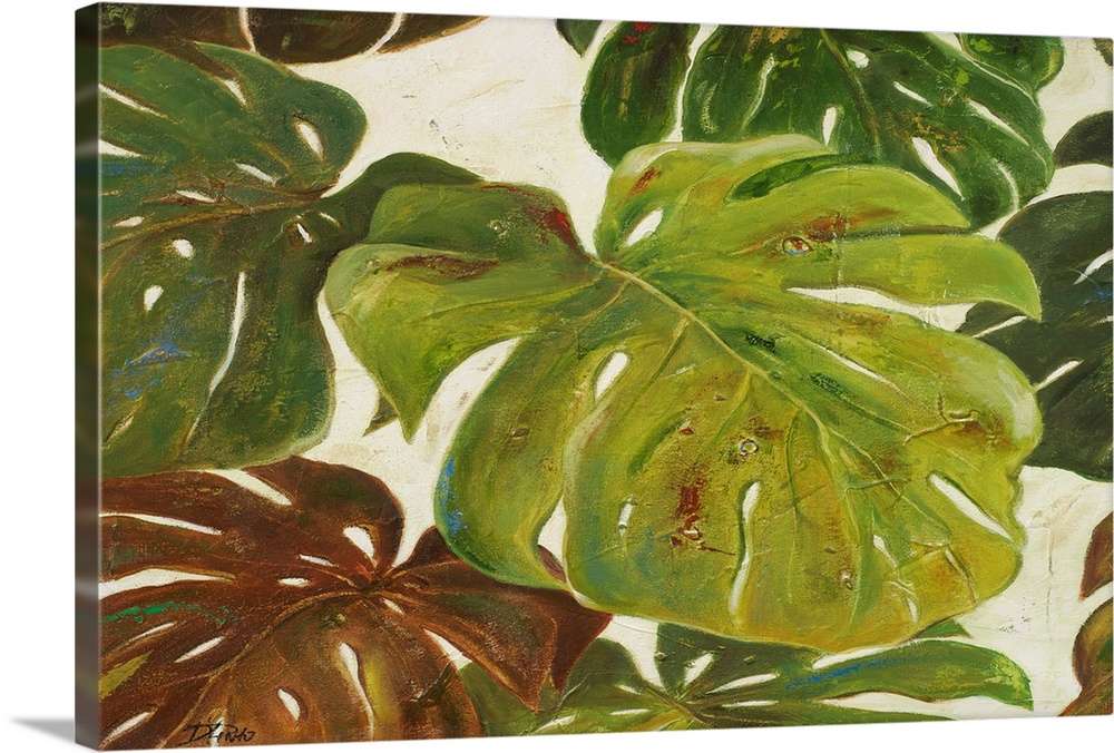 Contemporary painting of big lush tropical green leaves.