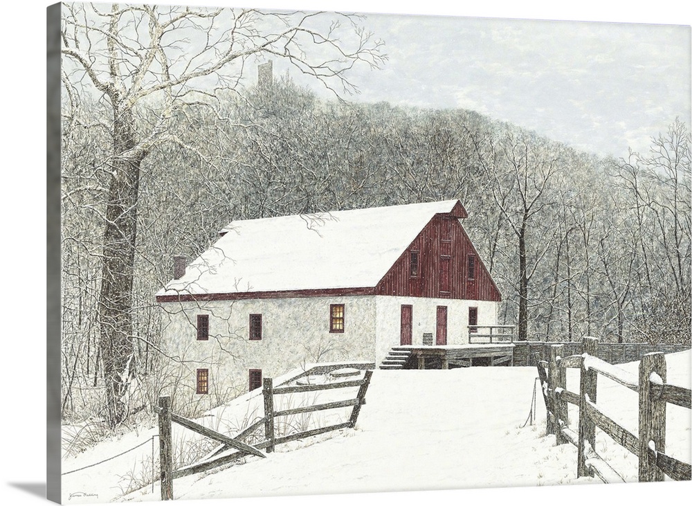 A contemporary painting of snow fall at a red and white mill house in the mountains.