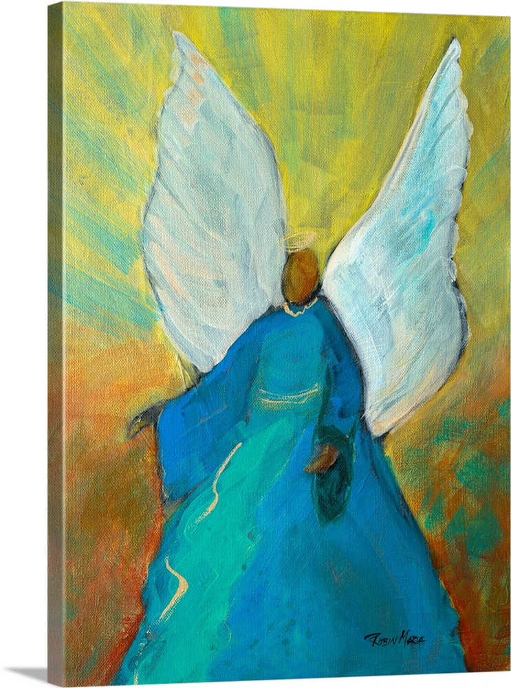 A contemporary painting of a Guardian Angel in blue.