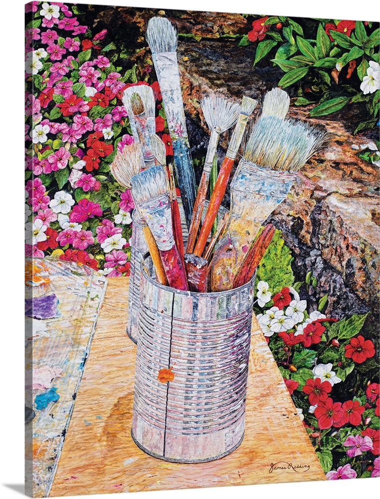 A painting of a can full of used paint brushes set in an outdoor scene surrounded by flowers.