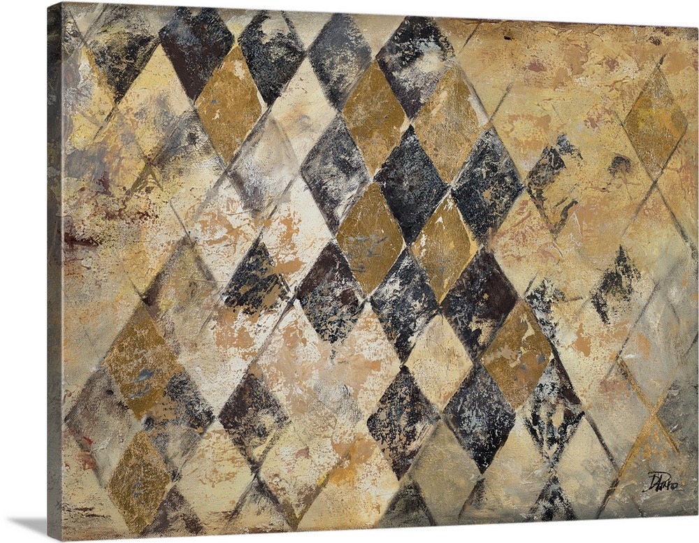 A contemporary abstract painting of a gold, black, and gray rustic diamond shaped pattern.