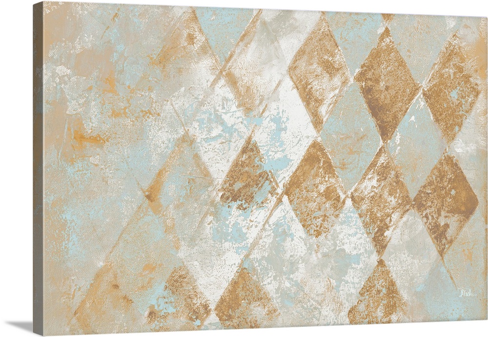 A contemporary abstract painting of a gold and white diamond pattern with teal.