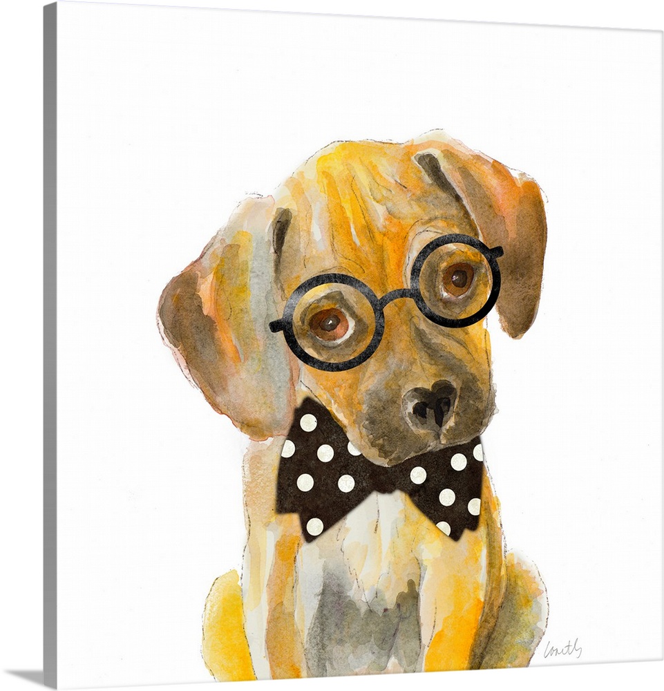 Square watercolor painting of a puppy wearing circular framed glasses and a black bow tie with white polka dots.