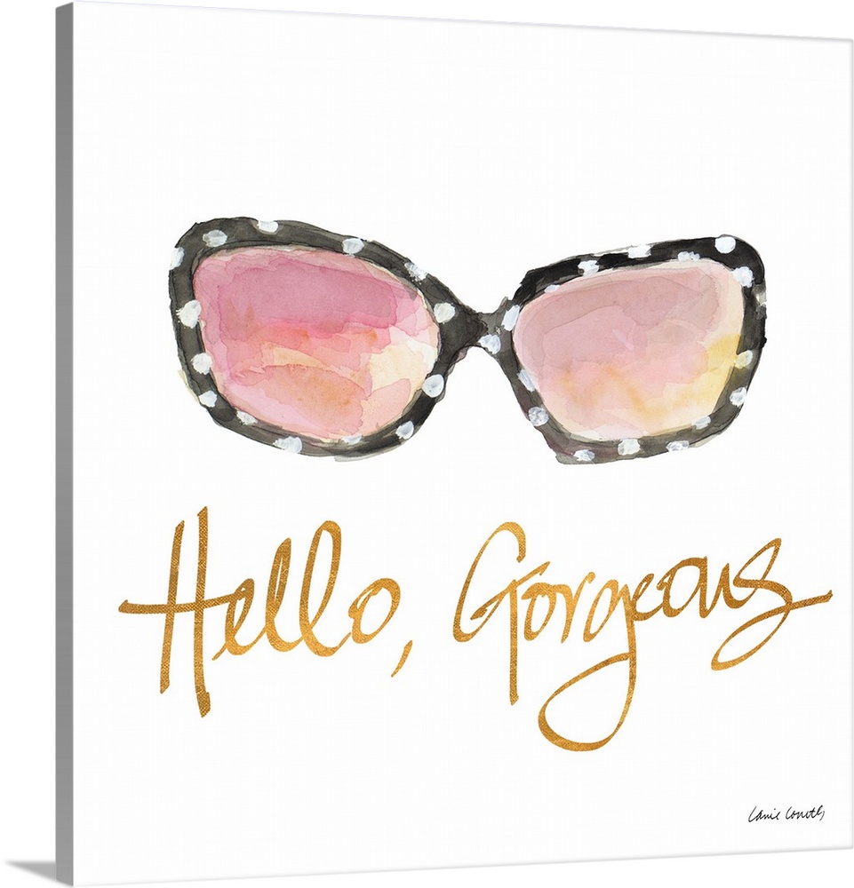 Square watercolor painting of black and white polka dotted sunglasses with a pink and yellow reflection on the lens and th...