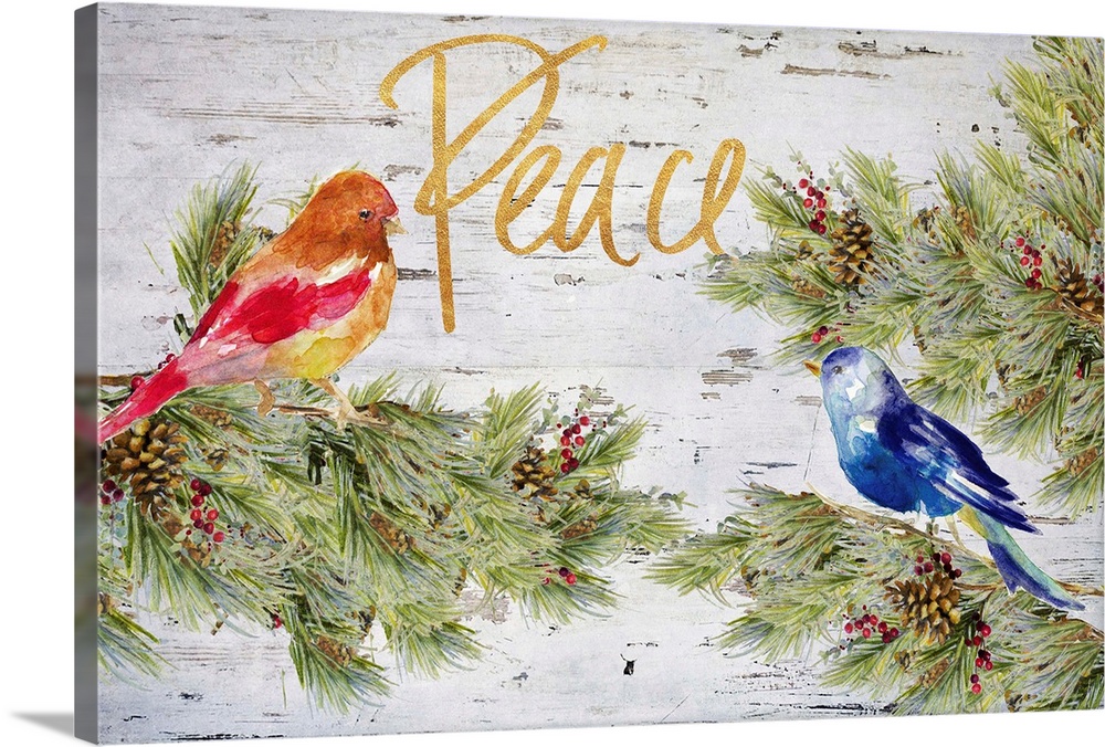 Holiday watercolor painting of two birds perched on pine tree branches with pine cones and red berries on a distressed woo...