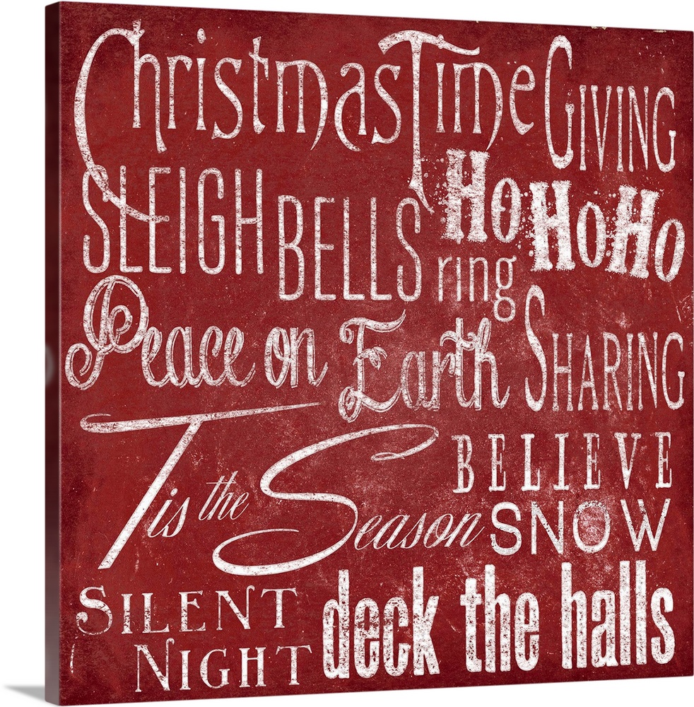 Typography panel of Christmas-themed text, including carol lyrics and festive themes such as "Peace on Earth" and "Deck th...